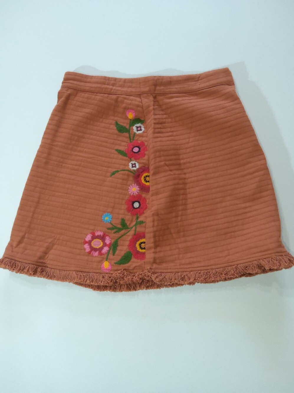 GB Floral Embroidered Mini Skirt Womens Medium Rust Orange Fringe Southwestern B